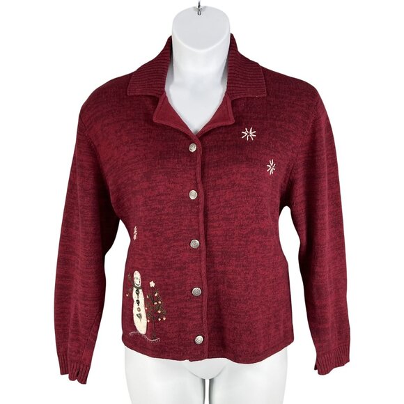 Woolrich Women XL Red Snowman Embroidered Button Cardigan Christmas Tree Sweater - Picture 2 of 16